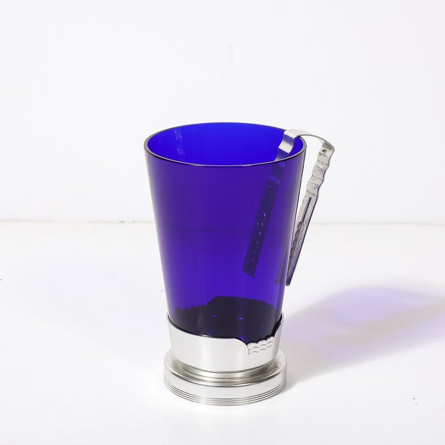 1930s Art Deco Ice Bucket in Blue Glass W/ Aluminum Base & Tongs Signed Kensington For Sale In New York - Image 6 of 16