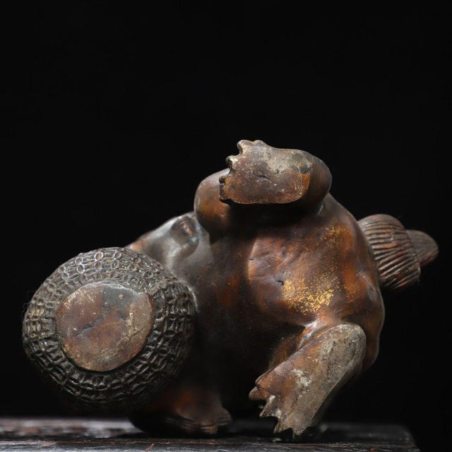 Pair of Vintage Chinese Gilt Bronze Foo Dogs – Buddhist Guardian Lions With Brocade Ball For Sale - Image 11 of 11