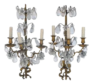 Pair Large French Louis XV Style Gilt Brass and Crystal Three-Light Wall Sconces