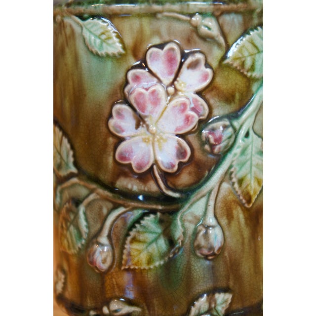 Green Antique Majolica French Barbotine Dog Rose Flower Blossom Water Pitcher Jug For Sale - Image 8 of 12