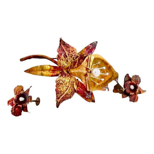 Vintage Gold-Tone Lily Brooch and Earrings Set With Pearl, 1980s, 3 Pieces For Sale