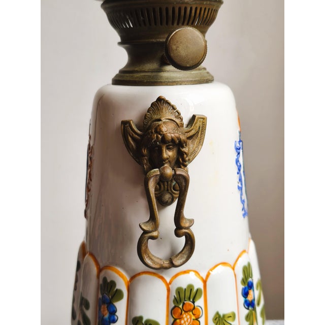 Mid-Century Modern Mid-Century Italian Brass & Ceramic Table Lamp with Frosted Etched Glass Shade, 1950s For Sale - Image 3 of 15