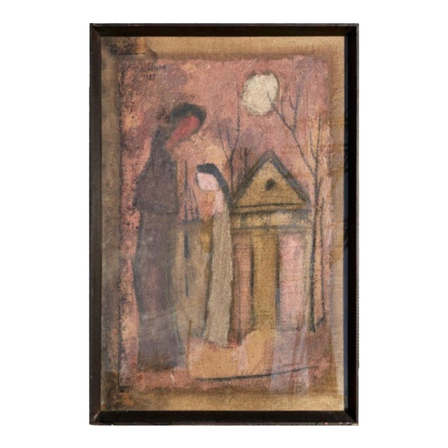 Original Mid Century Salvatore Emblema Painting on Jute - Two Figures and a Building, Signed For Sale
