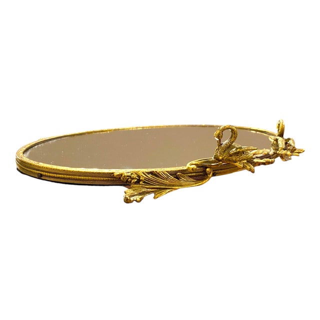 1930s French Art Deco Vanity Mirror Tray Ormolu Brass Swans Hollywood Regency For Sale - Image 9 of 16