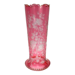 Antique Bohemian Cranberry Overlay Cut to Clear Glass Vase With Roses