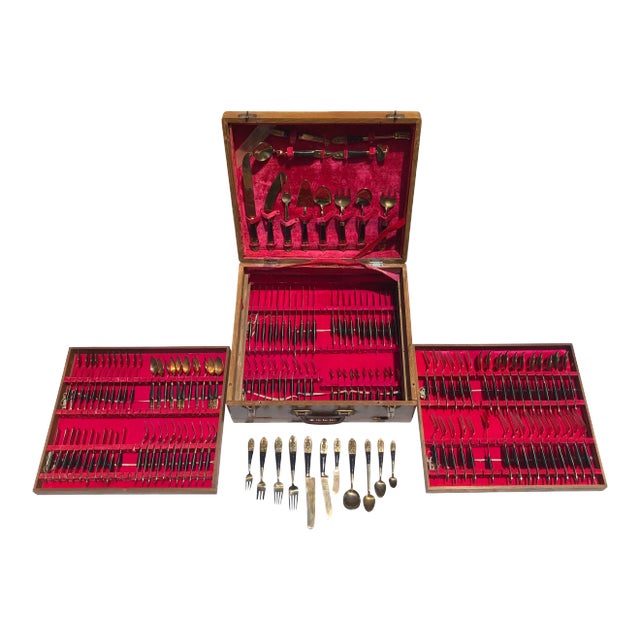 1950s Rosewood and Brass Siam Flatware Boxed Set - Service for 12, 144-Pieces For Sale
