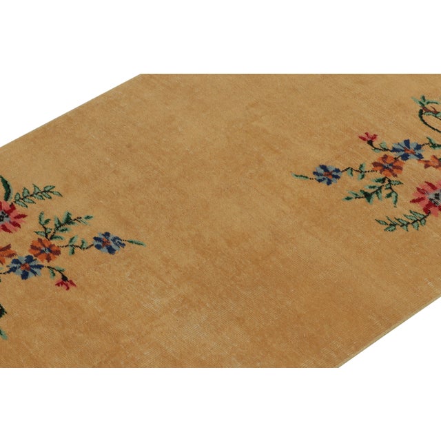 Rug & Kilim 1960s Vintage Distressed Art Deco Rug in Golden-Brown With Colorful Floral For Sale - Image 4 of 8