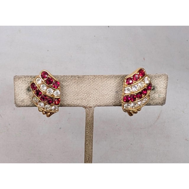 1980s Vintage 1980s Signed Trifari Goldtone Faux-Ruby & Clear Rhinestone Clip Earrings-2 Pieces For Sale - Image 5 of 7