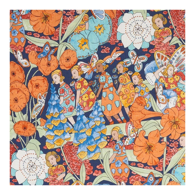 Sample - Schumacher X Clements Ribeiro Fairie Garden Fabric in Orange & Navy For Sale