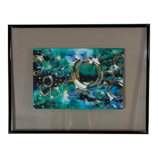 “Celestial Bubbles” – Original Watercolor Painting Abstract in Teal & Gold For Sale