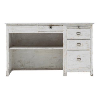 1900s French Wood White Patinated Shop Counter With Marble Top For Sale