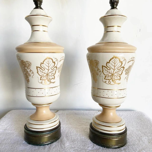 Mid Century Porcelain and Brass Table Lamps For Sale - Image 4 of 11