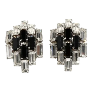 1980s B.E. Cook London Vintage Earrings Black & Clear Rhinestones, 2 Pieces