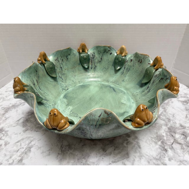 Farmhouse Large Vintage Aqua Glazed Pottery Scalloped Frog Bowl For Sale - Image 3 of 11