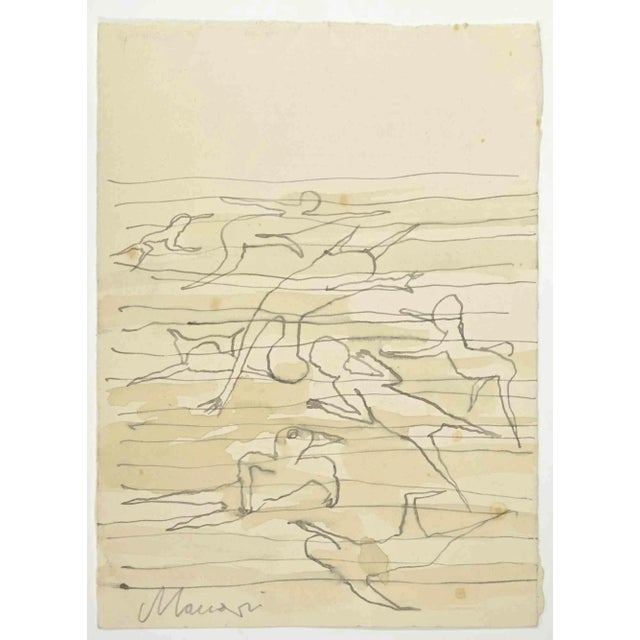 Swimmers is a China ink and watercolor Drawing realized by Mino Maccari (1924-1989) in the 1960s. Hand-signed on the...