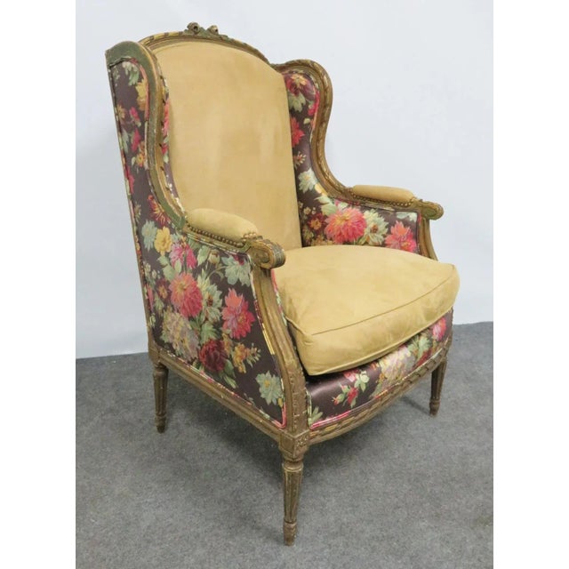 Cream 19th C Louis XVI Style Gilt Carved Wing Chair For Sale - Image 8 of 8