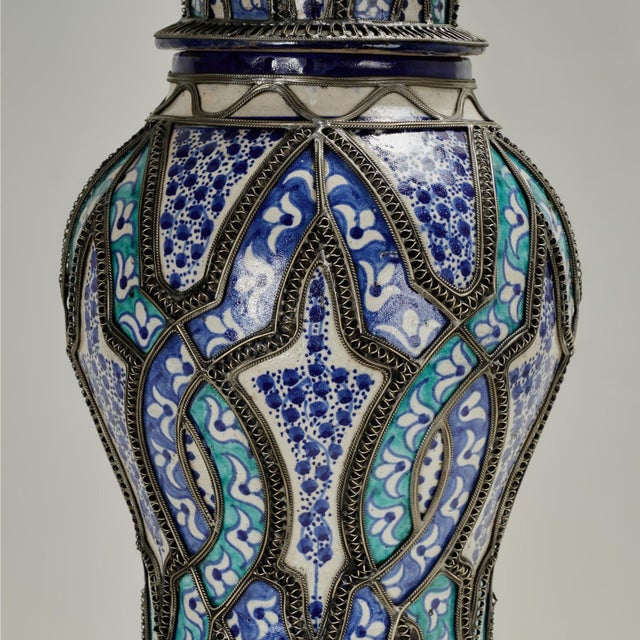 Moroccan Vintage Moroccan Earthenware and Metal Lidded Urn For Sale - Image 3 of 12