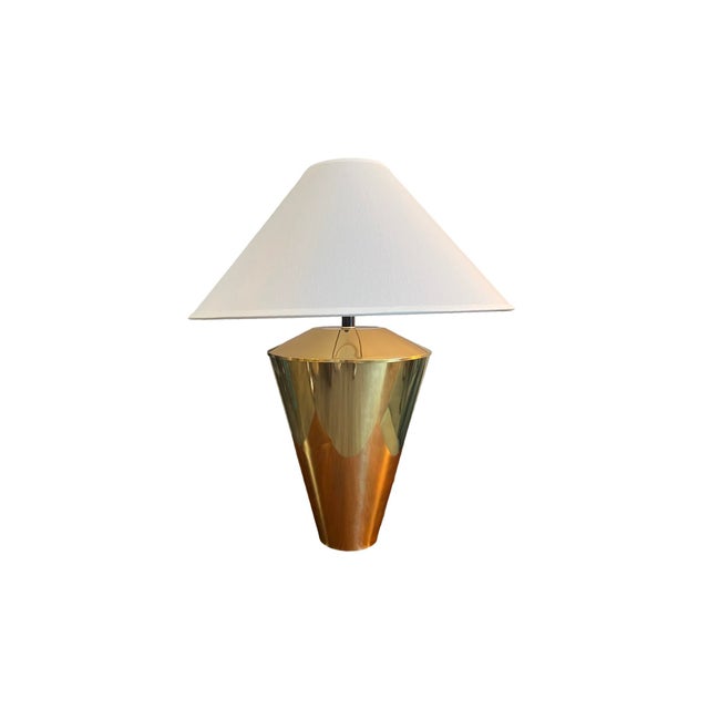 Mid-Century Modern Rare Pair Solid Brass Cone Cylinder v Shaped Table Lamps – Mid Century Modern 1970s New Shades Set of 2 For Sale - Image 3 of 11