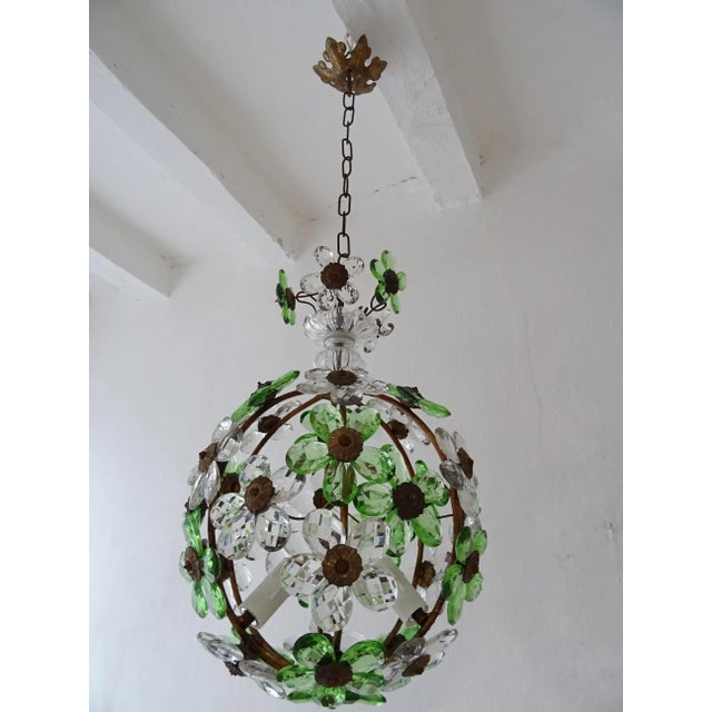 French Green Flower Ball Crystal Prisms Maison Baguès Style Chandelier, 1920s For Sale - Image 10 of 11