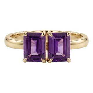 Natural Amethyst Toi Et Moi Statement Ring • Emerald Cut Purple Gemstone Two-Stone Ring Us 7 For Sale