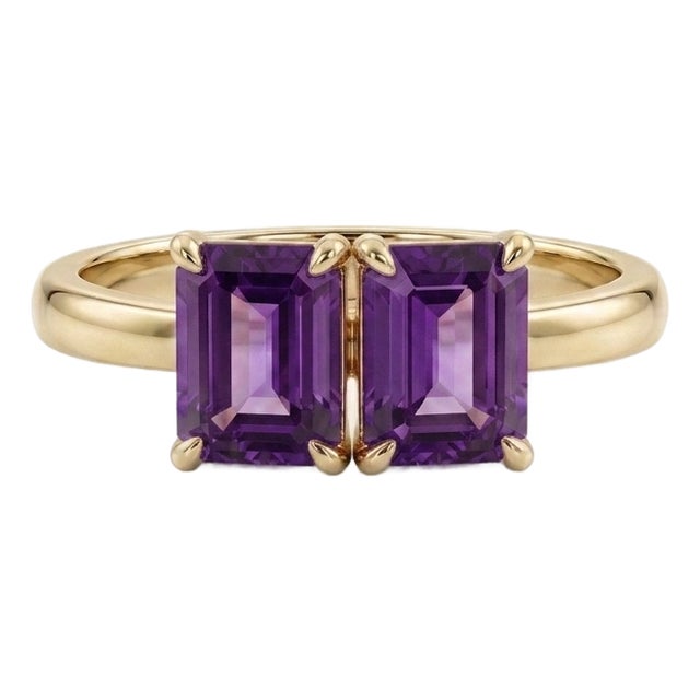 Natural Amethyst Toi Et Moi Statement Ring • Emerald Cut Purple Gemstone Two-Stone Ring Us 7 For Sale