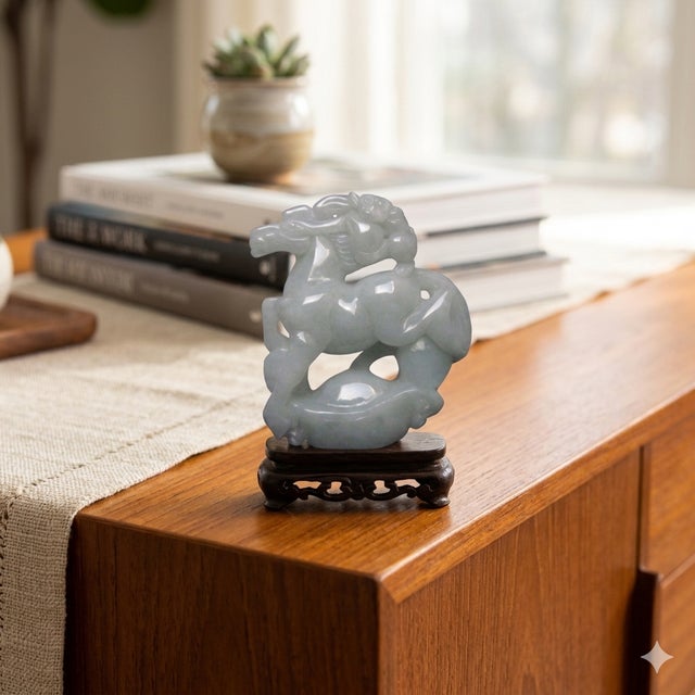 Gemstone White Green Jade Chinese Zodiac Monkey Ridding on Horse Stepping on Fortune Pendant For Sale - Image 7 of 7