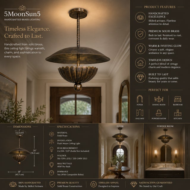 Antique Brass Flush Mount Ceiling Light, Handmade Brass Flower Petal Ceiling Fixture, Art Deco Ceiling Lamp for Bedroom Hallway Dining Room 18x30 For Sale - Image 10 of 13