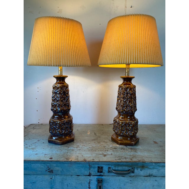 Vintage Large Ceramic Brown Drip-Glazed Retro Pottery Table Lamps - a Pair For Sale - Image 4 of 13