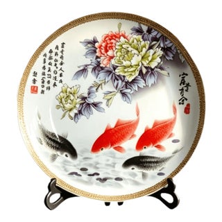 Chinese Ceramic Plate,Famille Rose Porcelain Plate Hand Painted Flowers and Fish Pattern For Sale
