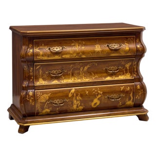 Dutch Rococo Style Chinoiserie Walnut Serpentine Bombe Chest by White Furniture For Sale