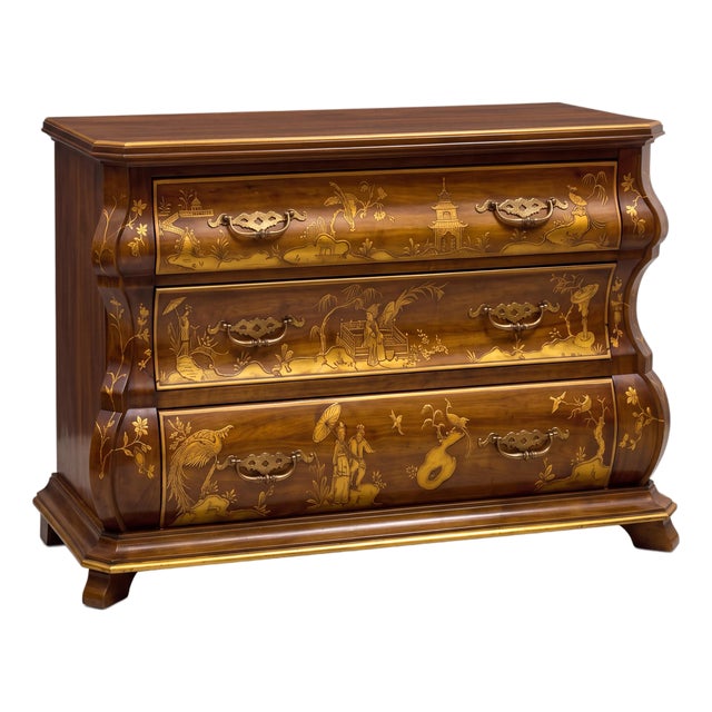 Dutch Rococo Style Chinoiserie Walnut Serpentine Bombe Chest by White Furniture For Sale