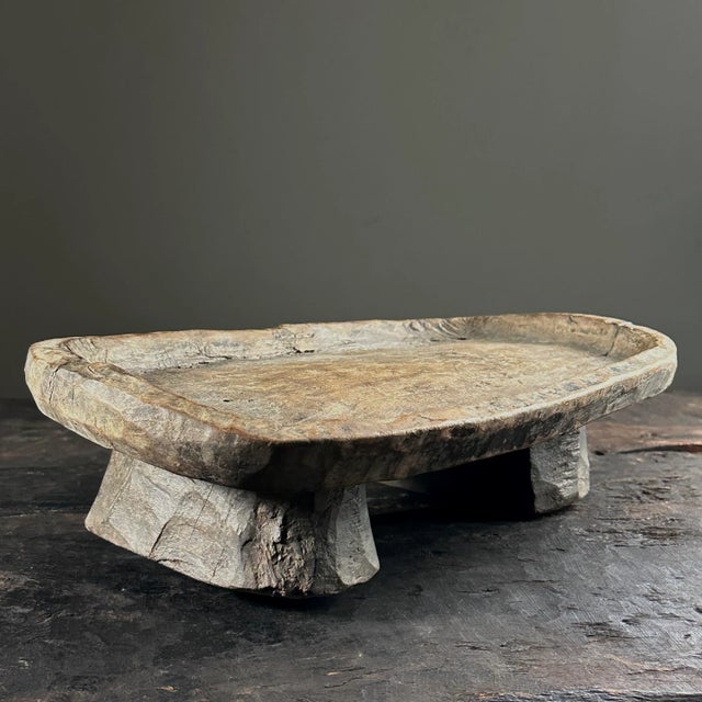 Antique Folk Art Hand Carved Footed Wood Tray/Stand For Sale - Image 4 of 10