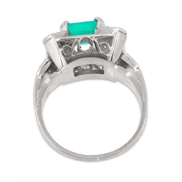 Mid 20th Century Retro Emerald Diamond 14k White Gold Cocktail Ring, Size 5.5 For Sale In Los Angeles - Image 6 of 6