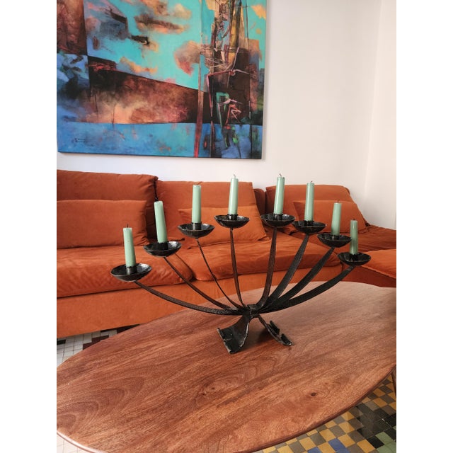 1950s Mid Century Wrought Iron Candelabra | 9 Arm Black Iron Candle Holder | Modernist Brutalist Style | 23.5” Centerpiece Sculpture For Sale - Image 5 of 11