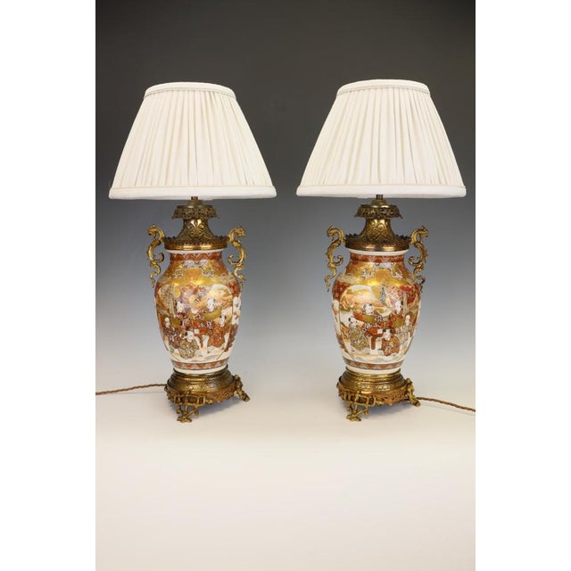 Metal Large Japanese Satsuma Table Lamps in Gilt Bronze Ormolu Mounts, Meiji Period c.1880 by Unknown for Unknown, Set of 2 For Sale - Image 7 of 18