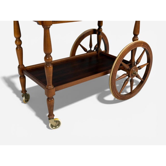 Swedish Modern, Rolling Bar Cart, Wood, Brass, Sweden, 1970s For Sale - Image 12 of 14