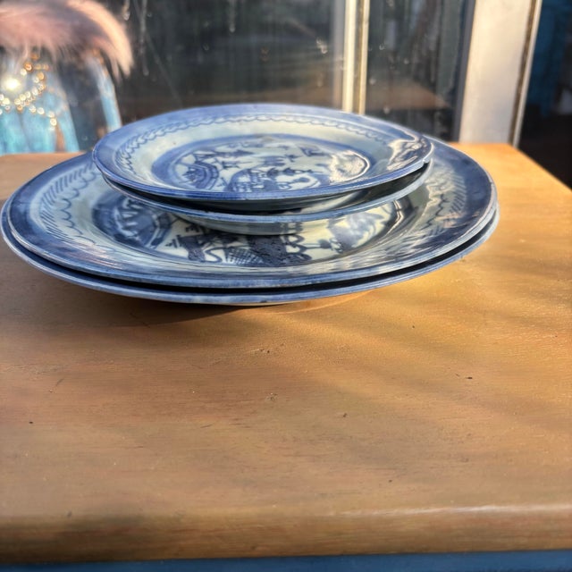 Set of 4, Antique 19th Century Canton Ware Chinese Export Blue & White Porcelain Plates Set of 4, Antique 19th Century...