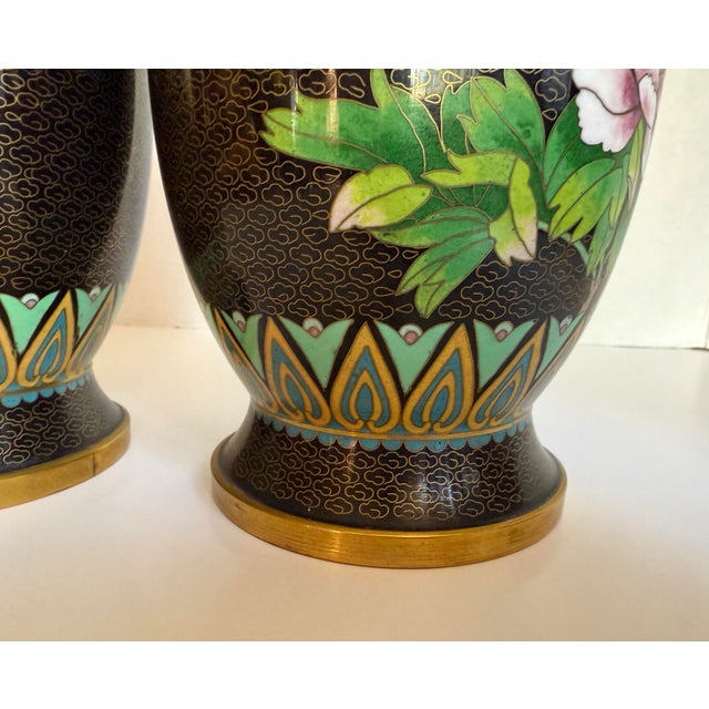 Blue Pair of Asian Cloisonné Peacock and Peony Vases For Sale - Image 8 of 12
