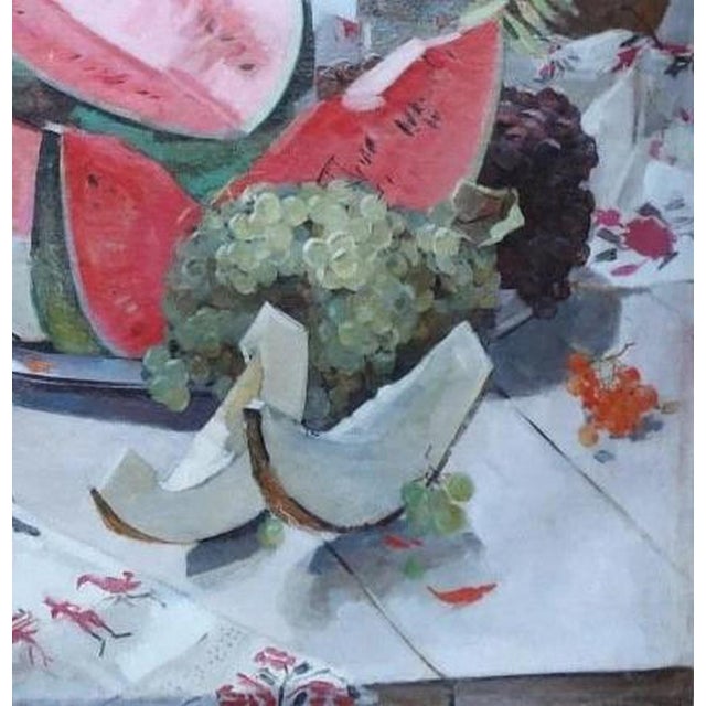 Vintage Still-Life Oil Painting: Flowers and Watermelon, Ukrainian Art 1970s 140-138 For Sale - Image 6 of 6