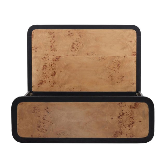 Modern burl and acacia wood bed frame in queen size. Beautiful natural burl headboard and footboard with black stained...