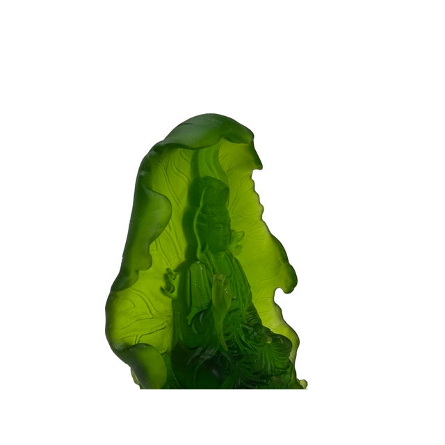 Asian 6.5" Lime Green Frosted Crystal Glass Bodhisattva Guanyin Figure For Sale - Image 3 of 11
