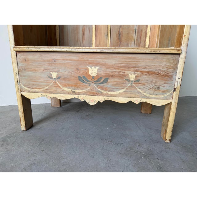 Antique Hand-Painted Folk Art Wooden Settle Bench With Floral Motifs For Sale In Miami - Image 6 of 12