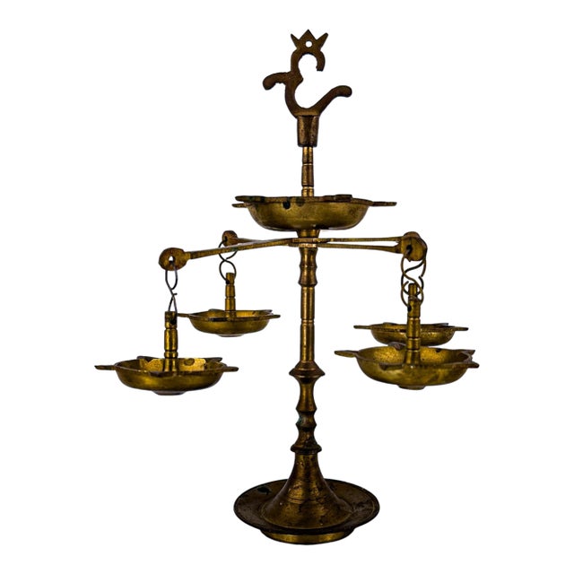 1950s Brass Panchmukhi Diya Oil Lamp For Sale