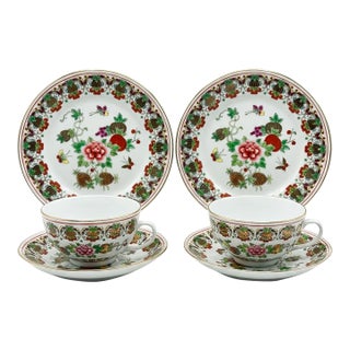 Rare Vintage Jingdezhen Famille Rose "Pineapple & Butterfly" Porcelain Teacup Trio Set - 6 Pieces For Sale