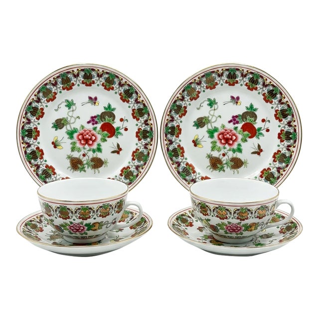 Rare Vintage Jingdezhen Famille Rose "Pineapple & Butterfly" Porcelain Teacup Trio Set - 6 Pieces For Sale