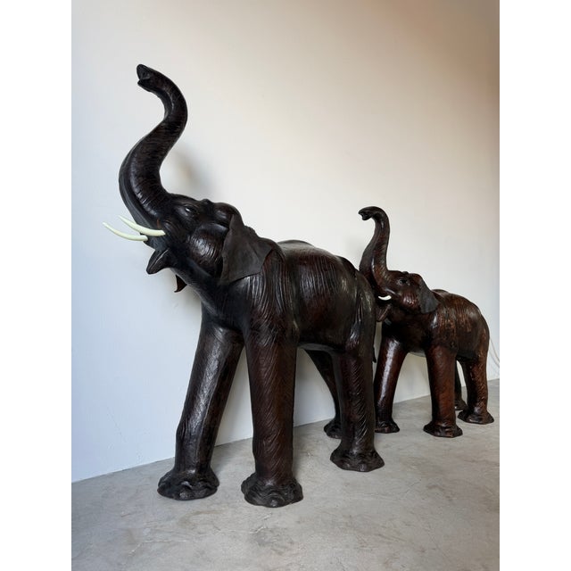 1980s Vintage Safari Style Oversized Leather Elephant Sculptures With Raised Trunks – A Pair For Sale - Image 5 of 18