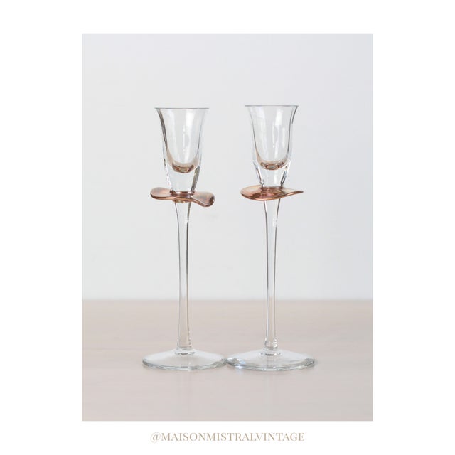 1980s Handblown Stemmed Cordial Glasses With Rose Copper Collar - a Pair For Sale - Image 9 of 9