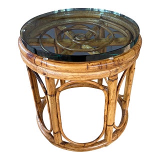 Glass-Topped Bamboo Side Table or Plant Stand For Sale