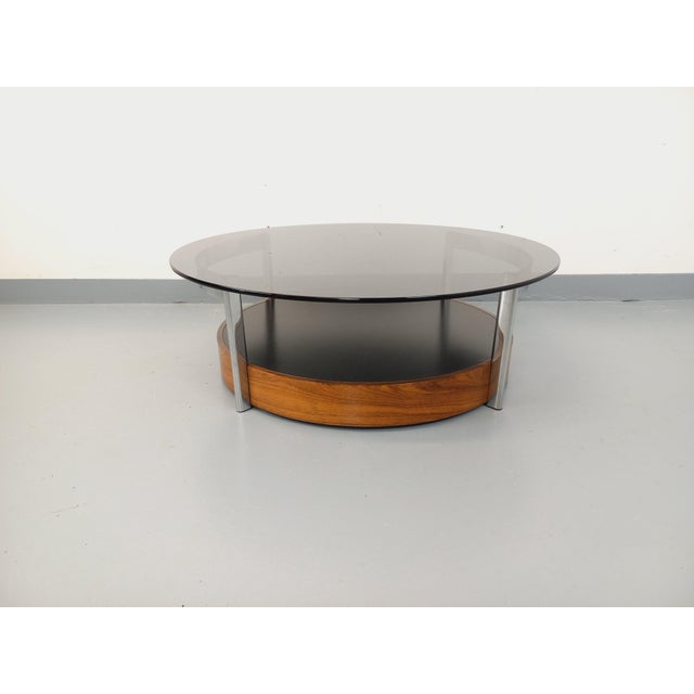Vintage Italian Round Coffee Table in Teak, Chrome Metal and Smoked Glass, 1960s For Sale - Image 13 of 18