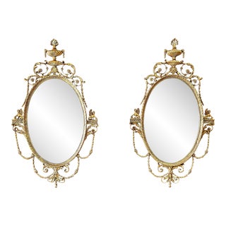 Pair Large Oval Robert Adam Style Gilt Wood Foliate Wall Mirrors For Sale
